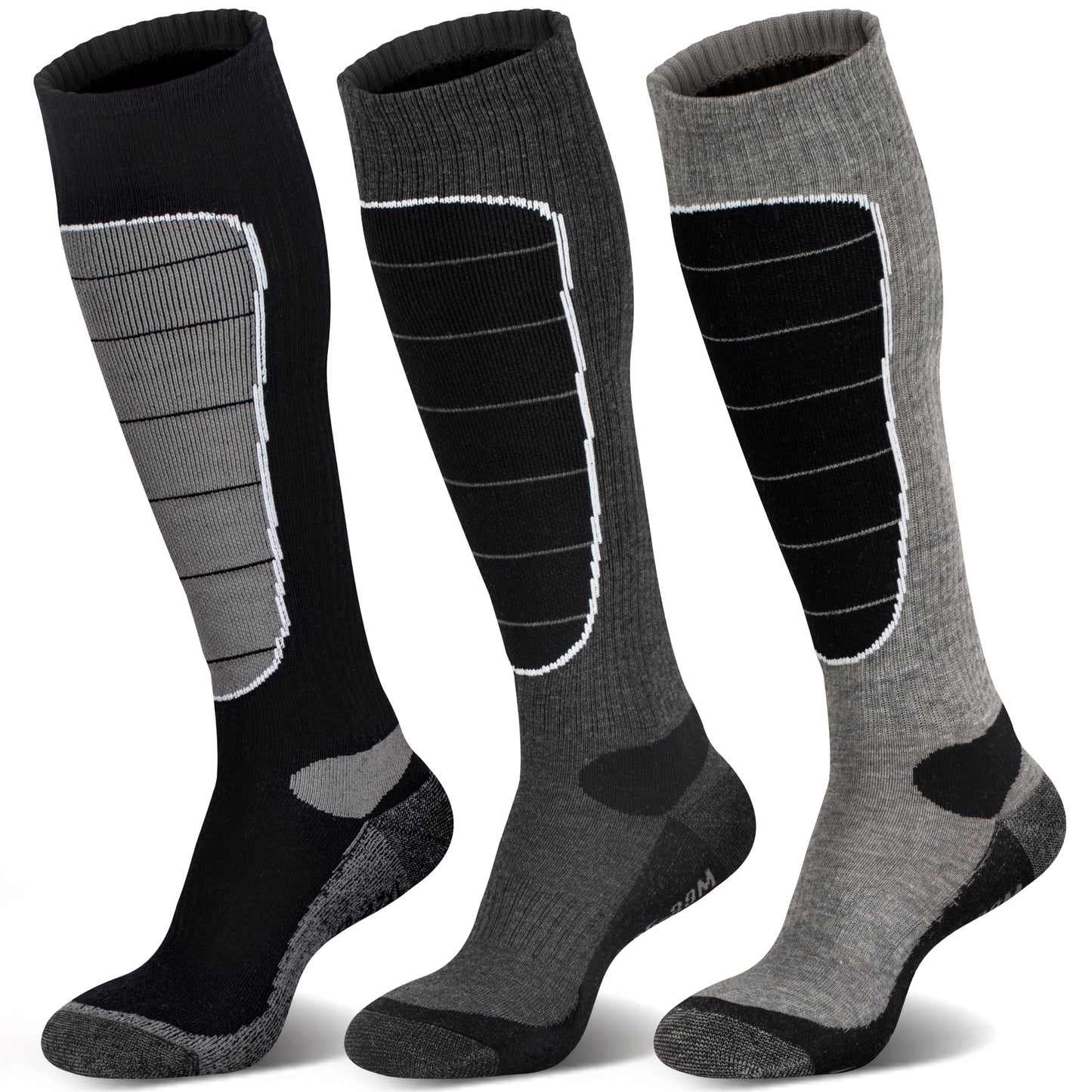 Merino Wool Cold Weather Ski Socks for Snowboarding, Snow, Winter - Thermal Knee-High Warm Socks for Hunting, Outdoor Sports (3 Pairs, Black Grey Grey, X-Large)