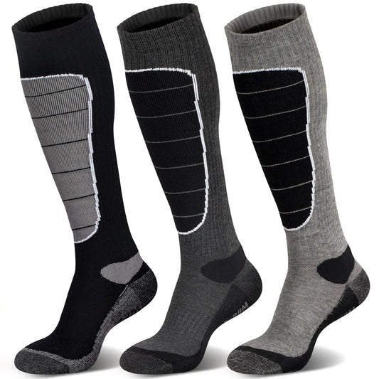 Merino Wool Cold Weather Ski Socks for Snowboarding, Snow, Winter - Thermal Knee-High Warm Socks for Hunting, Outdoor Sports (3 Pairs, Black Grey Grey, X-Large)