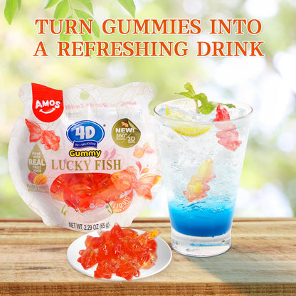 Amos 4D Gummy Lucky Fish Candy, 3D Goldfish-Shaped Gummies with Mango & Peach Juice, 65g per Bag, Gluten-Free Snack