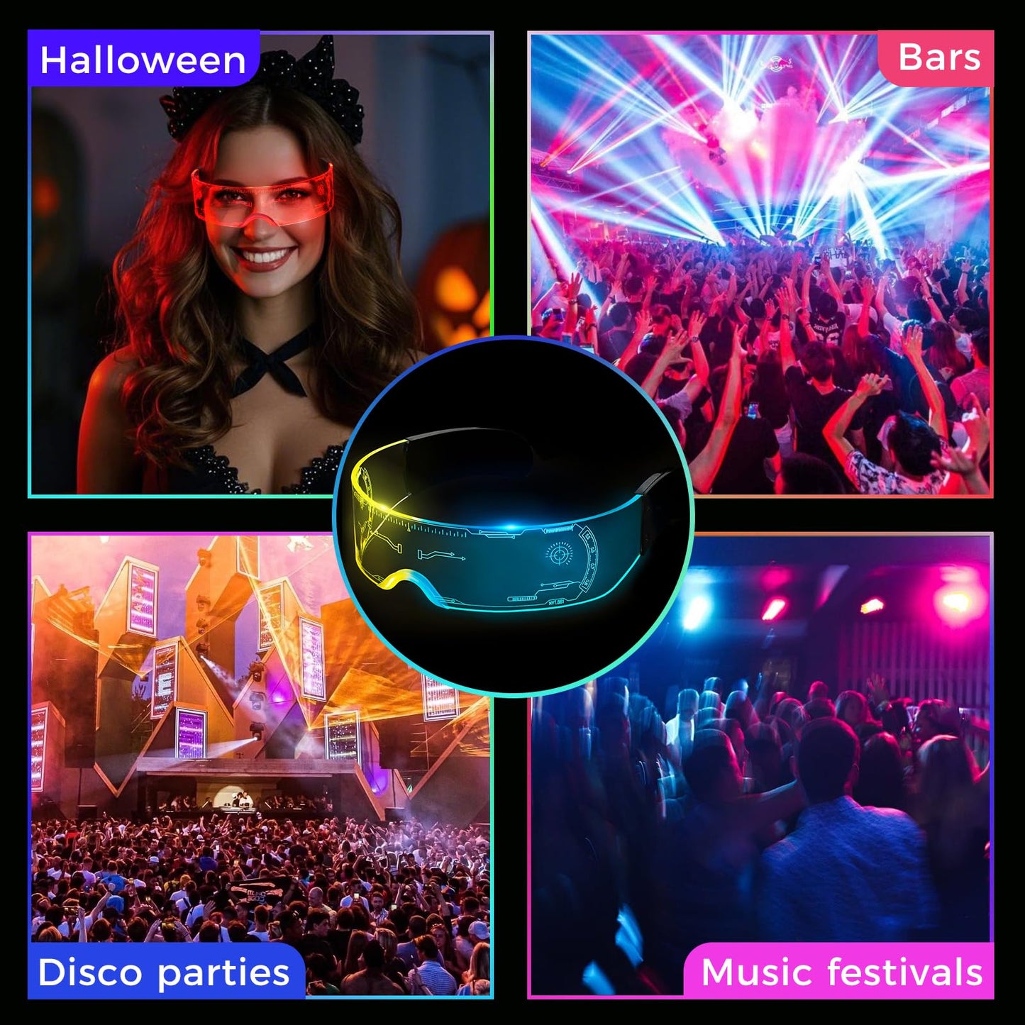 Led Visor Glasses Light Up 7 Colors and 4 Modes, Cyberpunk Glasses for Halloween Cosplay Party Bar Adults