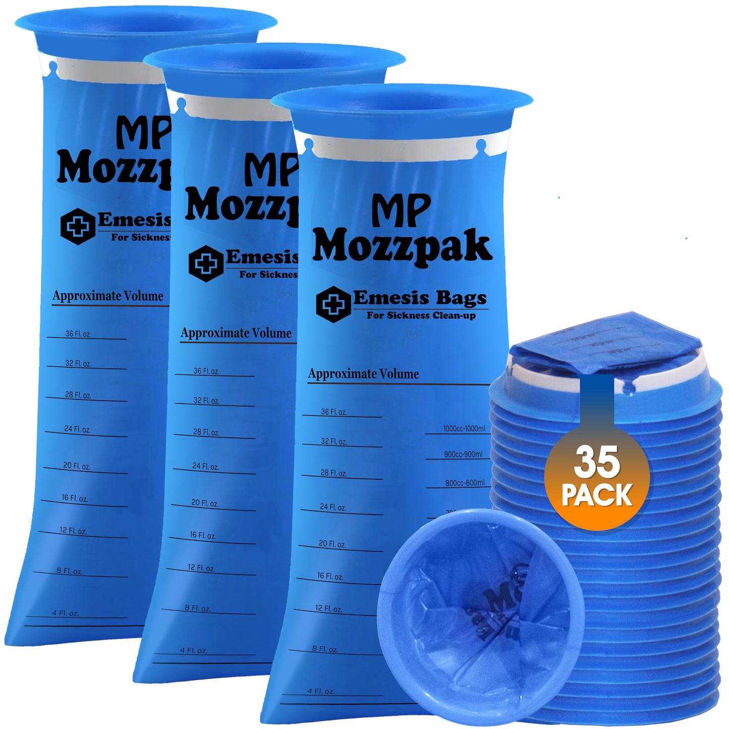 MP MOZZPAK Vomit Bags Disposable – 35 Pack – 1000ml Barf Bags – Leak Resistant, Medical Grade, Portable Emesis Bags, Puke, Throw Up, Nausea Bags for Travel Motion Sickness (Blue)