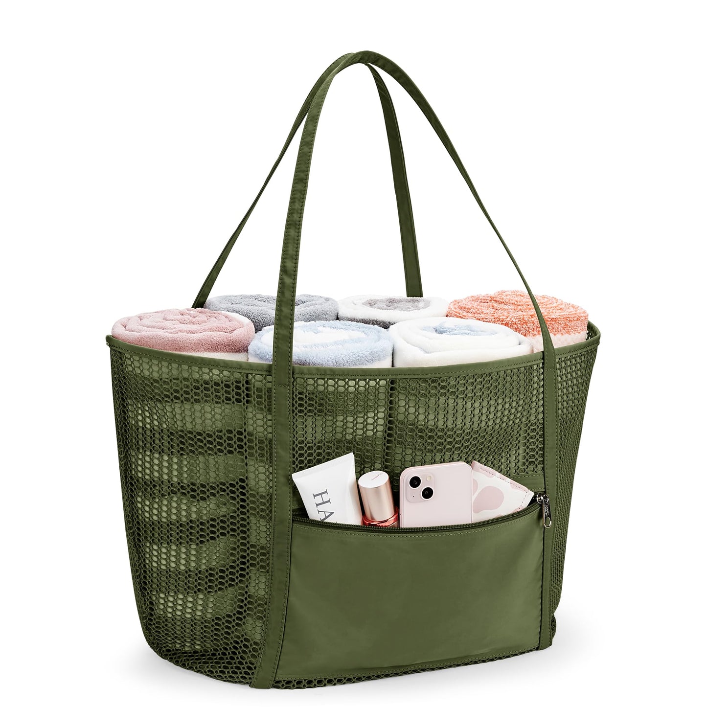 KALIDI FANCY FOREST Beach Mesh Tote Bag, Womens Shoulder handbag MAX 27L Grocery Bag Army Green