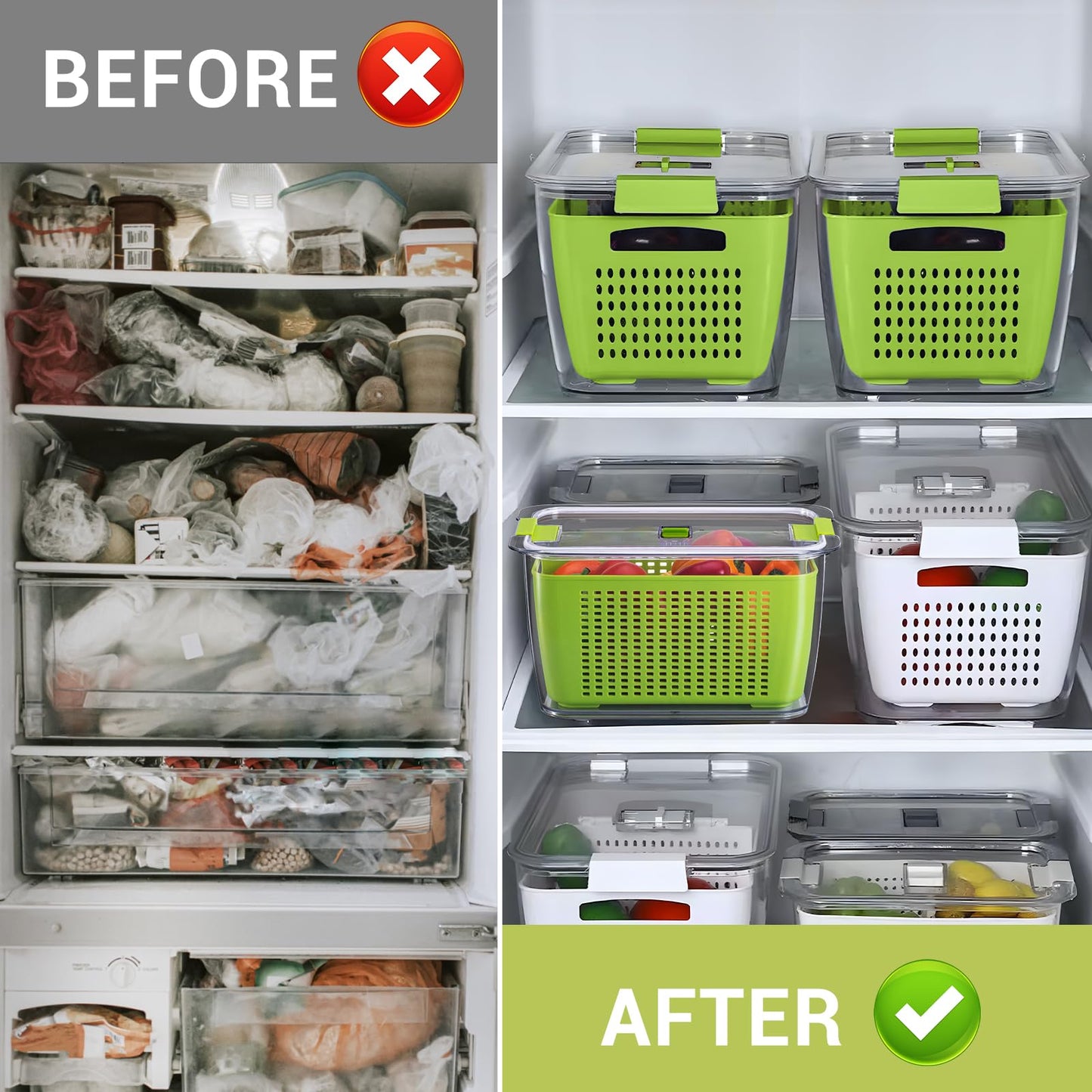 LUXEAR Fresh Container, 3PACK Produce Saver Container BPA Free Fridge Organizer for Vegetable Fruit and Salad Partitioned Food Storage Container with Vents Stay Fresh Containers Not Dishwashers Safe