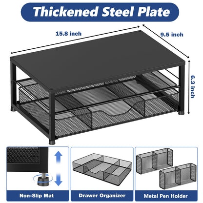OPNICE Desk Organizer and Accessories, 2-Tier Computer Monitor Stand Riser with Drawer and 2 Pen Holders, Laptop Stand, Office Desk Accessories for Office Supplies, Black