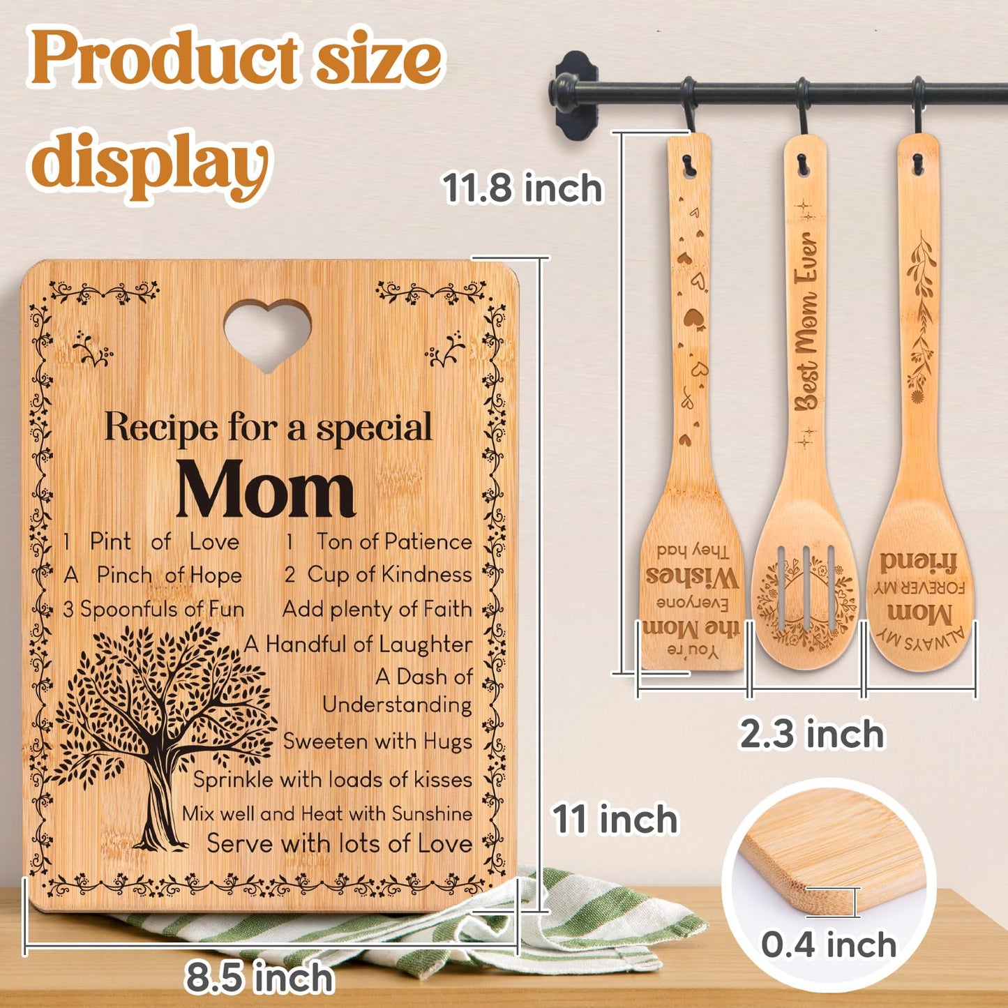 Mom Birthday Gifts - "Recipe for a Special Mom" Gifts for Mom Cutting Board Set, Bamboo-Made Engraved Utensil Set Birthday Presents for Mom