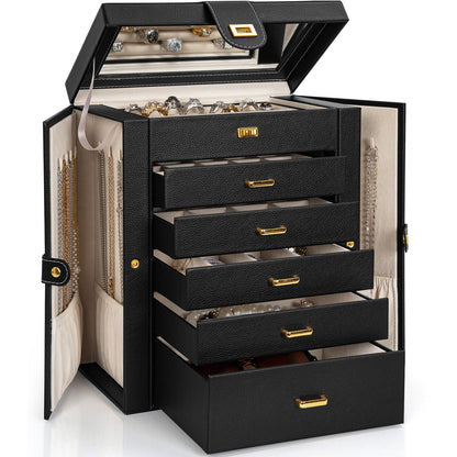 AKOZLIN Jewelry Box Organizer Functional Leather Jewelry Storage Case for Women Girls Ring Necklace Earring Bracelet Holder Organizer with Mirror Black