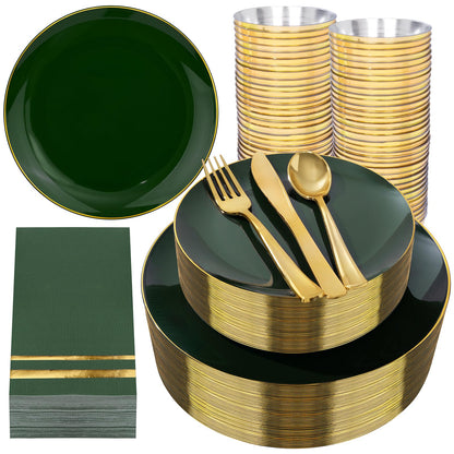 NOCCUR 350PCS Green Plastic Plates - Disposable Green Gold Dinnerware Set for 50 Guests, 100 Dinner/Dessert Plates, 150 Gold Silverware, 50 Cups&50 Napkins for Party/Wedding/Birthday/Christmas