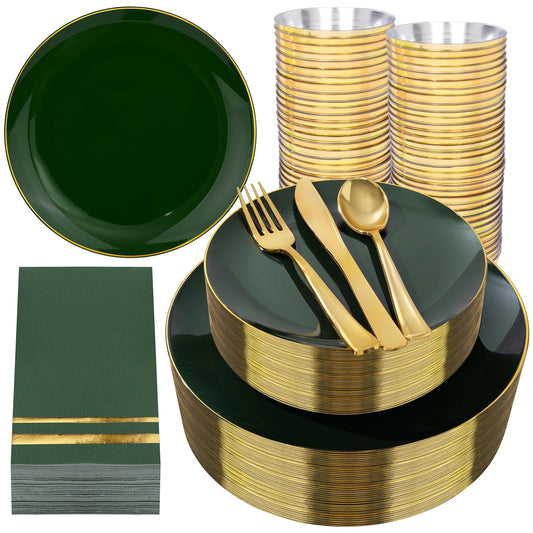 NOCCUR 350PCS Green Plastic Plates - Disposable Green Gold Dinnerware Set for 50 Guests, 100 Dinner/Dessert Plates, 150 Gold Silverware, 50 Cups&50 Napkins for Party/Wedding/Birthday/Christmas