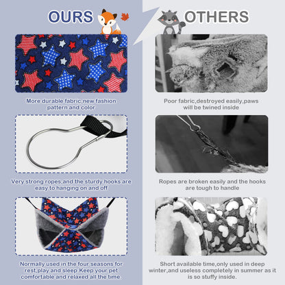 petonfun Ferret Rat Hammock Set Guinea Pig Hideout Bed,Soft Hamster Toys Hanging Tunnels and Tubes,Plush Small Animal Pet Chinchilla for Cage Accessories Hide,Play and Sleep,2 Pack,Blue Star