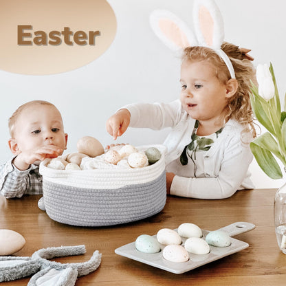 Goodpick Small Woven Storage Basket with Handles, Cotton Rope Baskets for Gifts Empty, Dog Toys, Diapers, Towels, Easter Baskets for Kids, 12" x 8" x 5", Gray