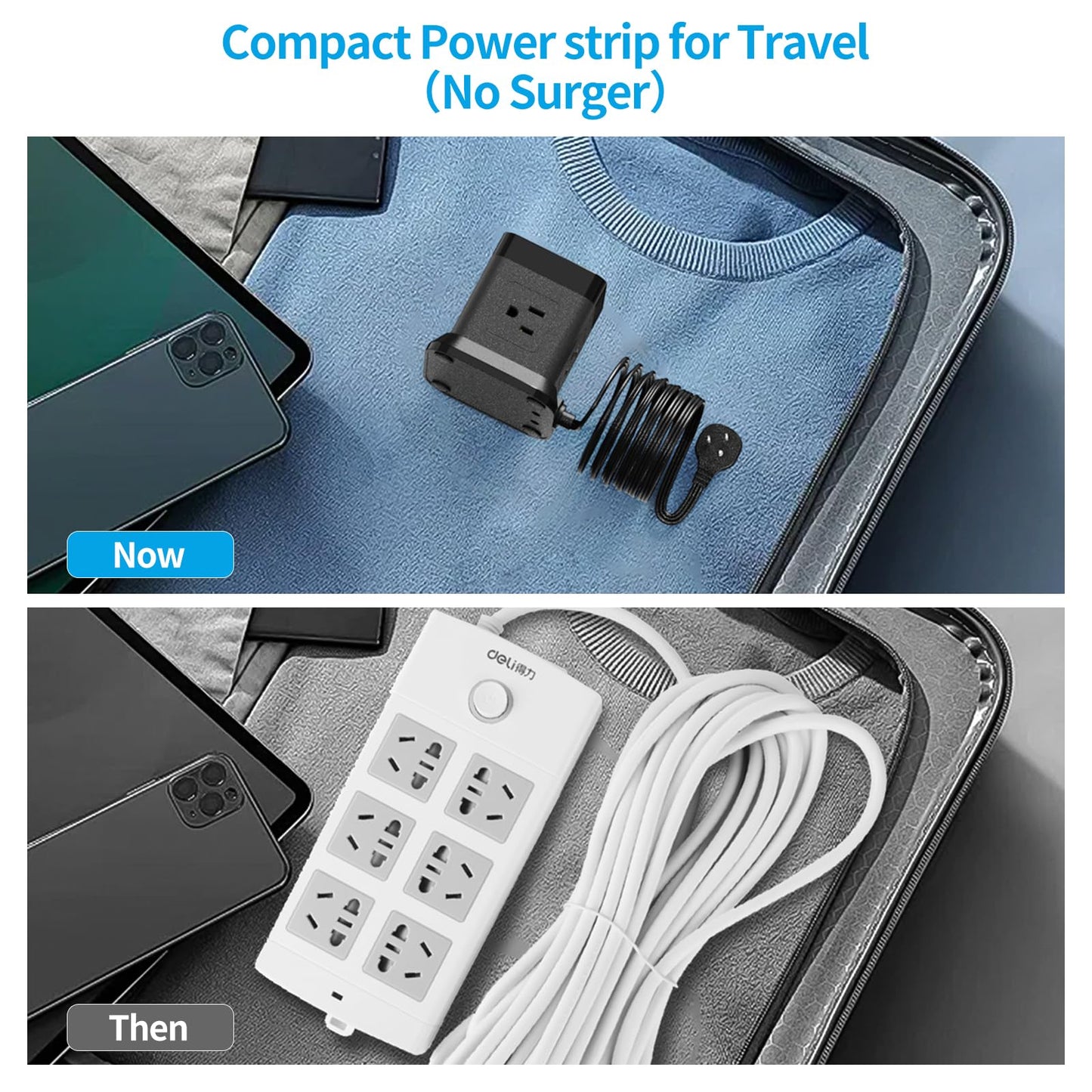 Power Strip with USB, FDTEK Flat Plug Extension Cord with 4 AC and 3 USB, 5 FT Power Cord Desktop Charging Station, Overload Protection, Compact Portable for Travel Home Office Cruise Ship - Black