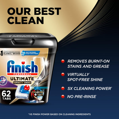 Finish Ultimate Infinity Shine Dishwasher Pods, No Pre-Rinse Dishwasher Detergent Soap Removes Burnt-On Stain, with Protector Shield & CycleSync Technology, Degreasing & Scrubbing Power, 62 Count
