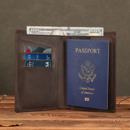 Polare Functional RFID Blocking Leather Passport Holder Travel Bifold Wallet For Men (Dark Brown with AirTag Slot)