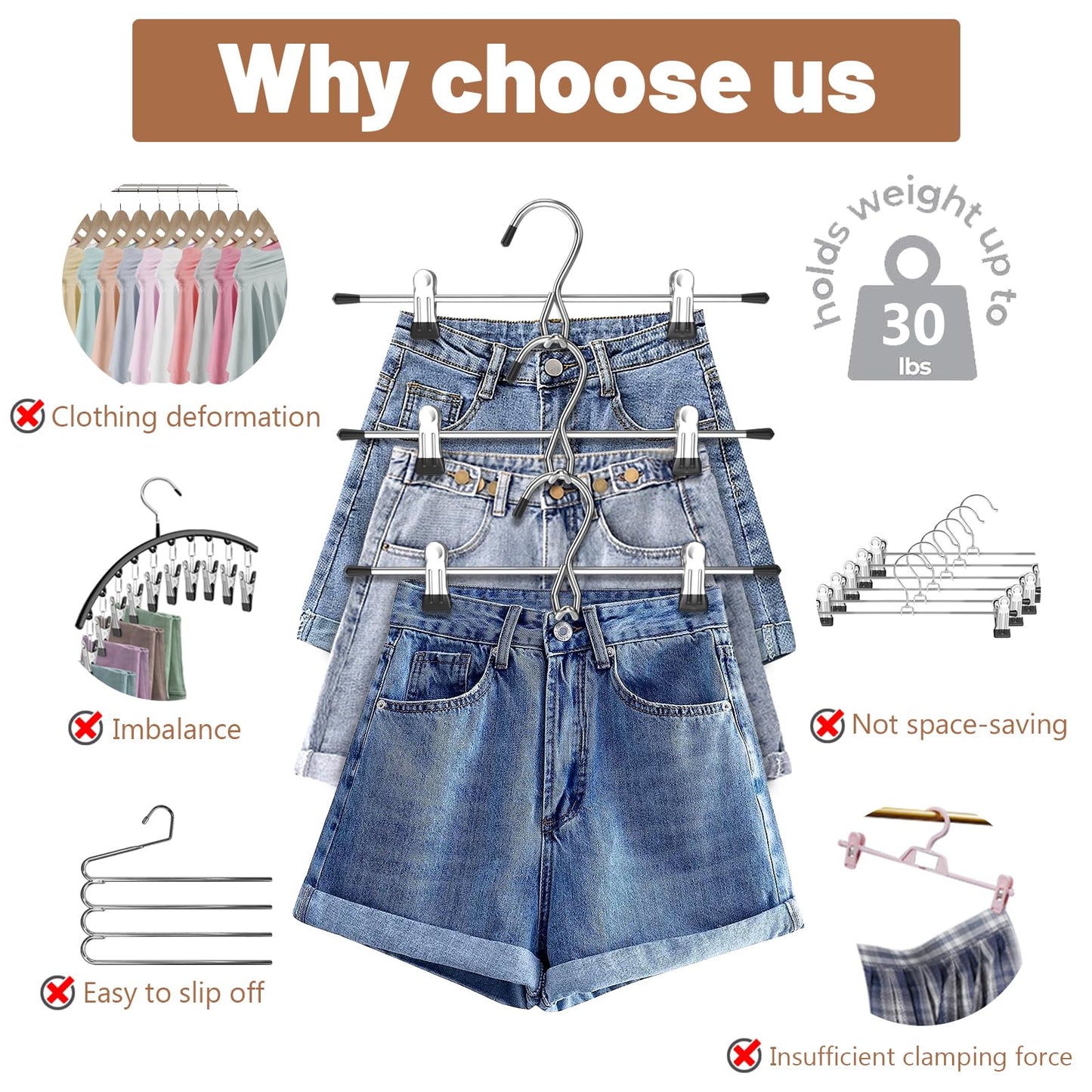 Pants Hangers Space Saving,Stackable Skirt Hangers with Clips, Hanging Closet Organizer and Storage,Clothes Hangers, College Dorm Essentials Apartment Essentials- 8 Pack