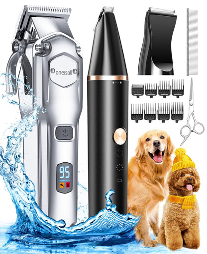 oneisall Dog Grooming Kit for Heavy Thick Hair&Coats/Low Noise Rechargeable Cordless Waterproof Dog Clippers for Grooming Animals&Pets/Pet Shaver with Stainless Steel Blade and Paw Trimmer