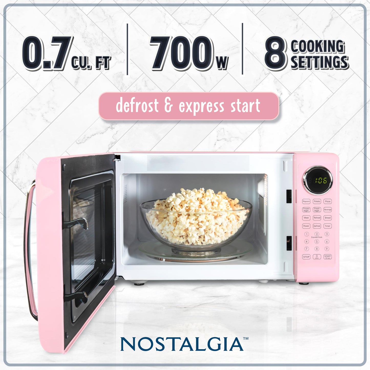 Nostalgia Retro Microwave Oven 0.7 Cu Ft, 700-Watt Countertop Size with Glass Turntable, Child Safety Lock, 8 Auto-Cook Programs, Digital Clock, Pink