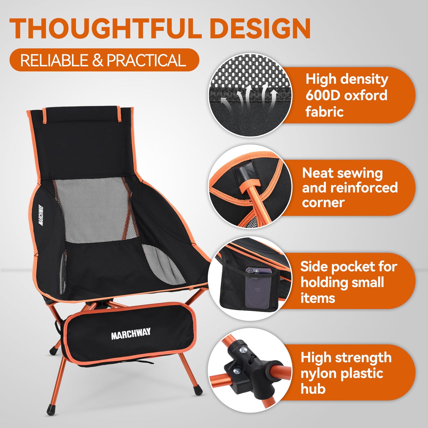MARCHWAY Lightweight Folding High Back Camping Chair with Head Support, Stable Portable Compact for Outdoor Camp, Travel, Beach, Picnic, Festival, Hiking, Backpacking (Highback Orange)