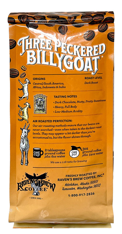 Raven's Brew Coffee Three Peckered Billy Goat, 12 Ounce - Dark Roast - Full Body with a Long Sweet Finish (Whole Bean, 12 oz)