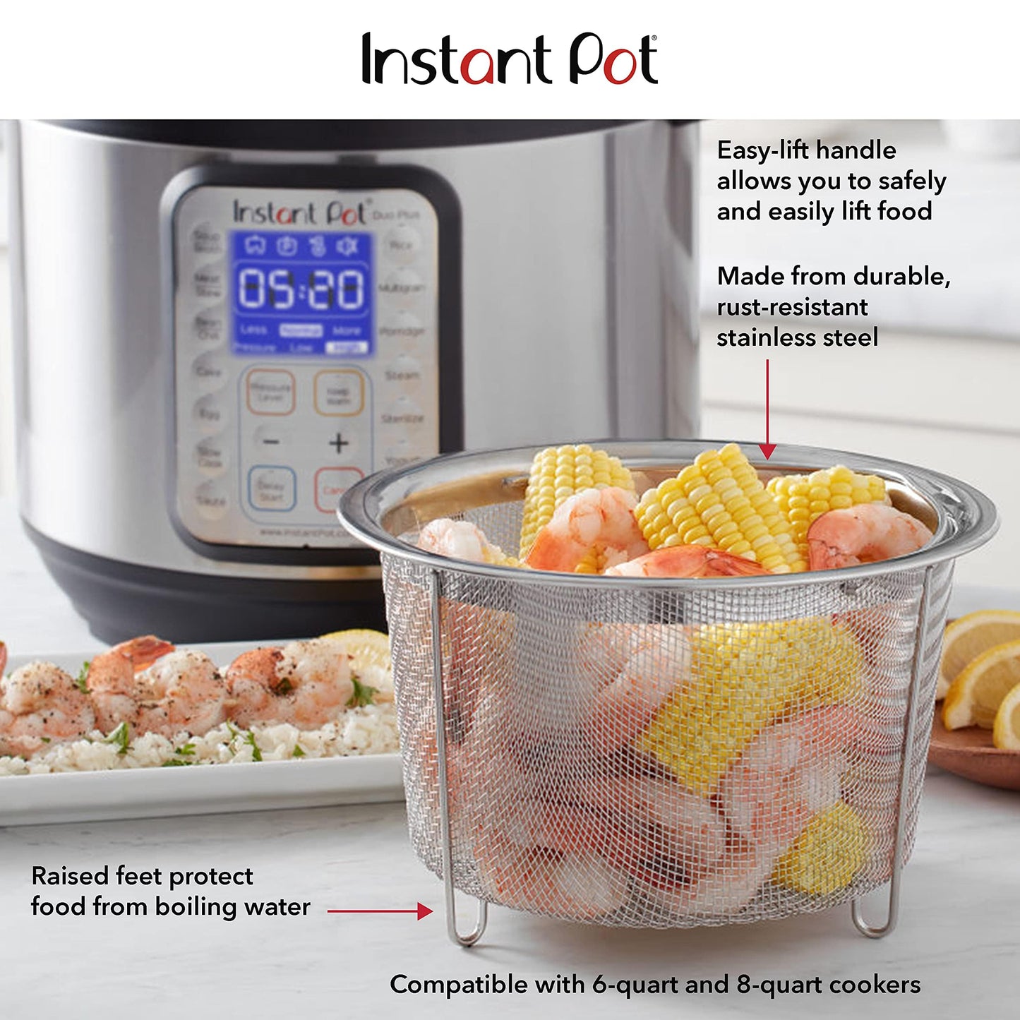 Instant Pot Official Large Mesh Steamer Basket, Stainless Steel, Round - Versatile Steamer & Strainer for Vegetables, Fish, and More - Durable, Rust-Resistant, Easy-Lift Handle, Dishwasher Safe