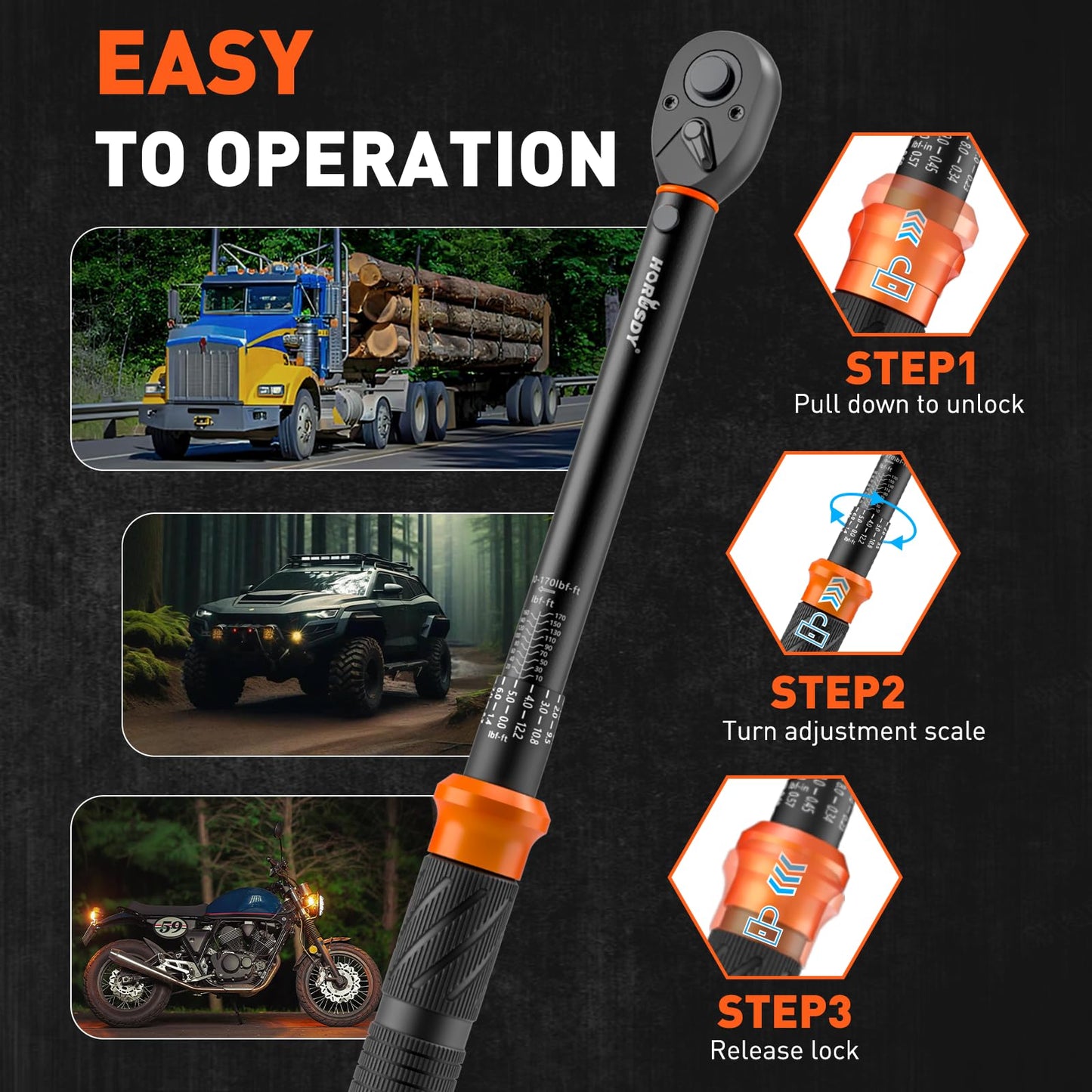 HORUSDY 1/2-Inch Drive Click Torque Wrench Set – 10–170 ft-lb / 13.6–230.5 Nm, ±3% Precision, Dual Scale, 72-Tooth Reversible Head with 5" Extension & Adapter for Car, Tire, and Motorcycle Use