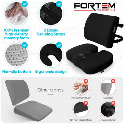 FORTEM Office Chair Cushion and Back Support for Office Chair, Lumbar Support Pillow, Memory Foam, Non Slip Sitting and Back Rest for Gaming, Car Seat Cushion, Chair Pad