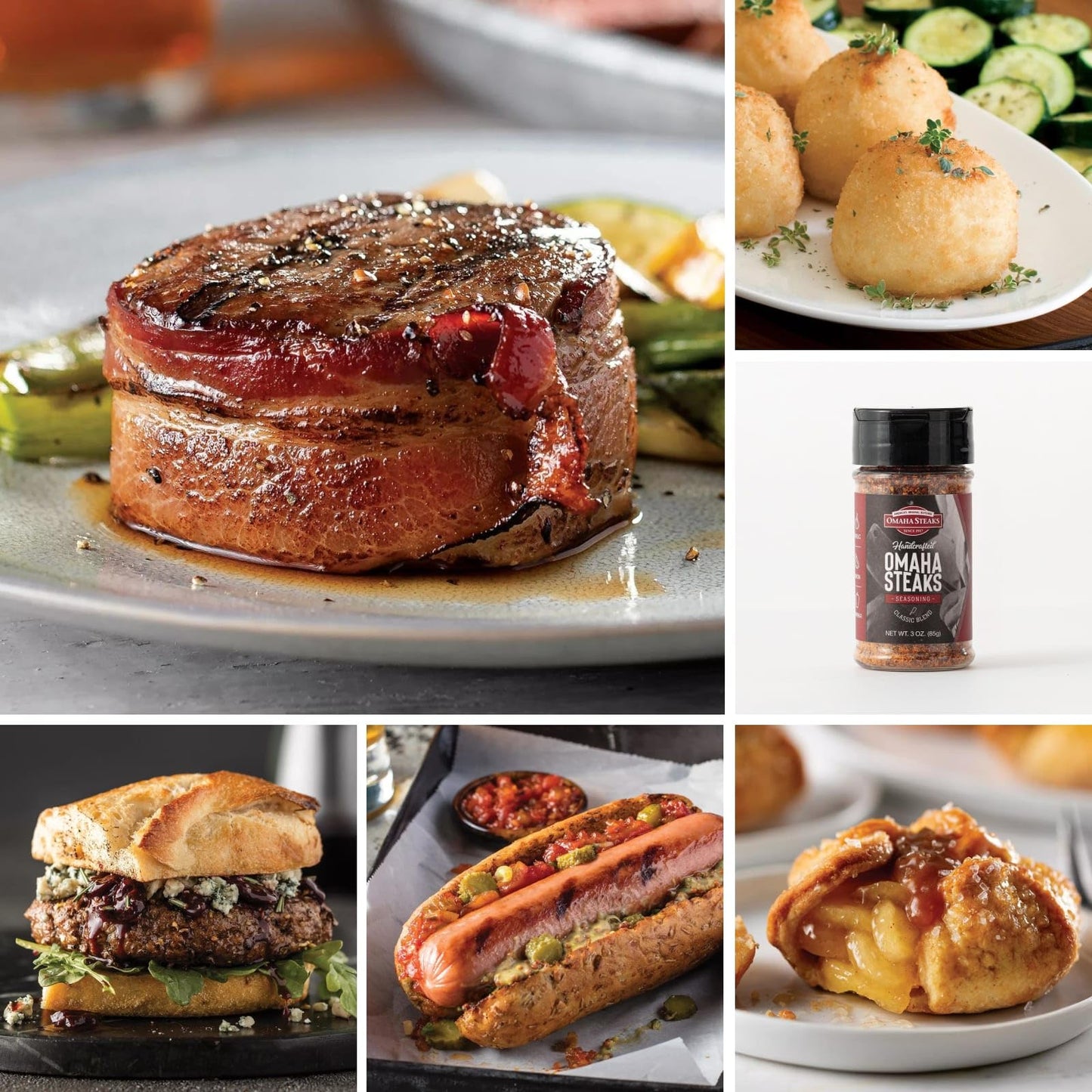 Omaha Steaks Deluxe Gift Package (4 Bacon-Wrapped Filet Mignons, 4 Steak Burgers, 4 Gourmet Jumbo Franks, 4 Potatoes au Gratin, 4 Caramel Apple Tartlets, 1 jar Omaha Steaks Seasoning)