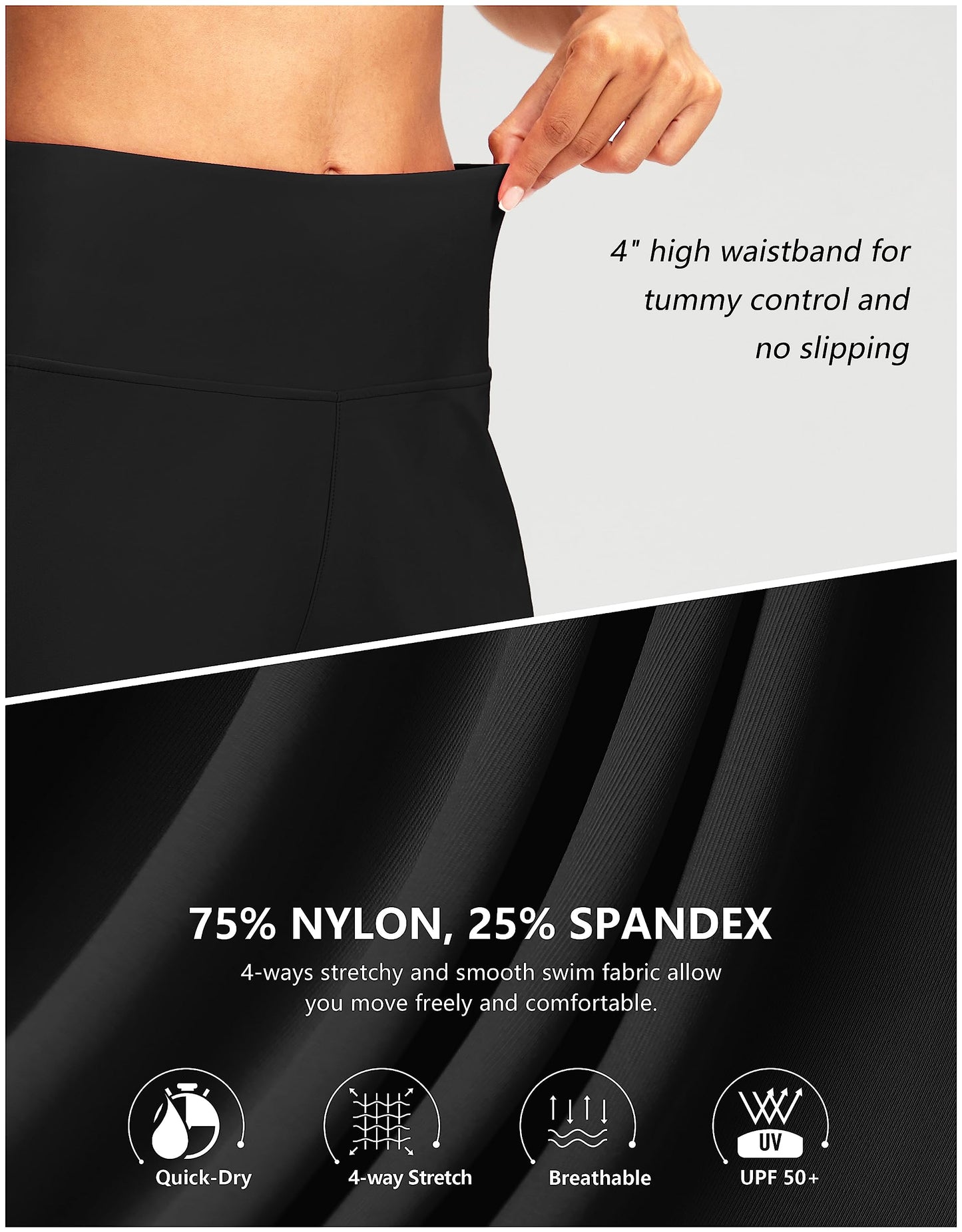 G Gradual Women's 7" Long Swim Board Shorts High Waisted Quick Dry Beach Swimming Shorts for Women with Liner Pockets(Black,L)