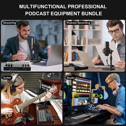 RHM Podcast Equipment Bundle, All-in-One Audio Interface DJ Mixer with Microphone, Stand, Monitor Earphone, Audio Mixer With Sound card for PC/Laptop/Phone, Streaming/Podcasting/Gaming