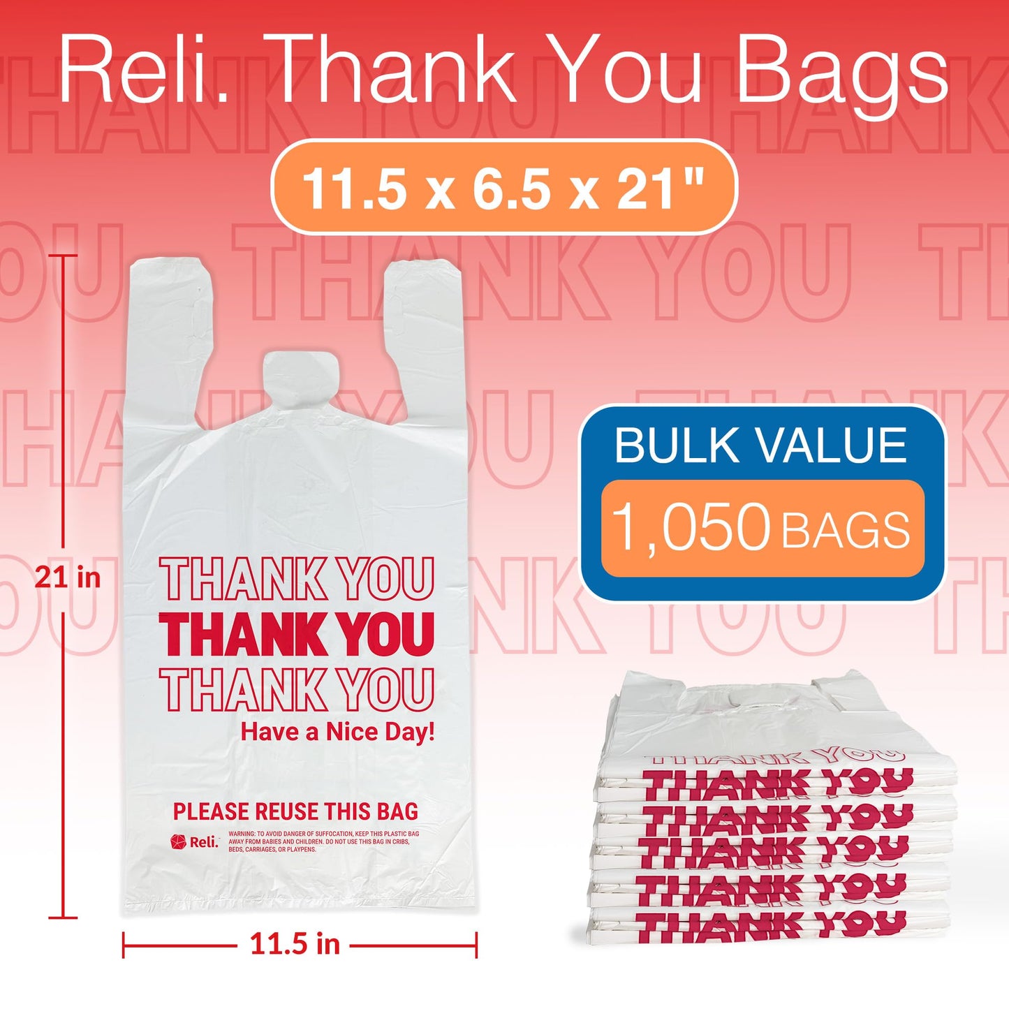 Reli. Plastic Bags Thank You (1050 Count) | White Grocery Bags with Handles | Shopping (Plastic)