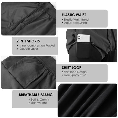 NIMOJIRO Men's 2 in 1 Running Shorts Workout Athletic Shorts Outdoor Sports with Liner Lightweight Training Yoga Gym Shorts with Phone Pockets
