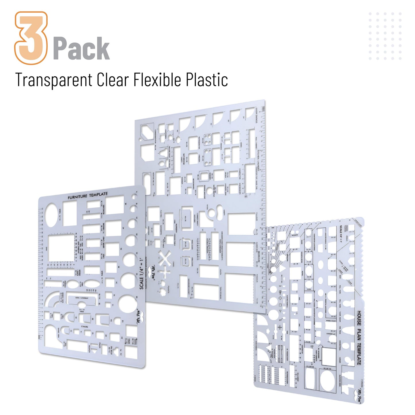 Mr. Pen- House Plan, Interior Design and Furniture Templates, Drafting Tools and Ruler Shapes for Architecture - Set of 3, Back to School Supplies