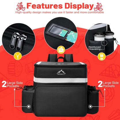 GoHimal Food Delivery Backpack, insulated delivery bags for Delivery Bike, Large Pizza Delivery Bag for HOT/COLD with 4 Pockets Reflective Strip for Uber Eat,Camping & Beach (Black)