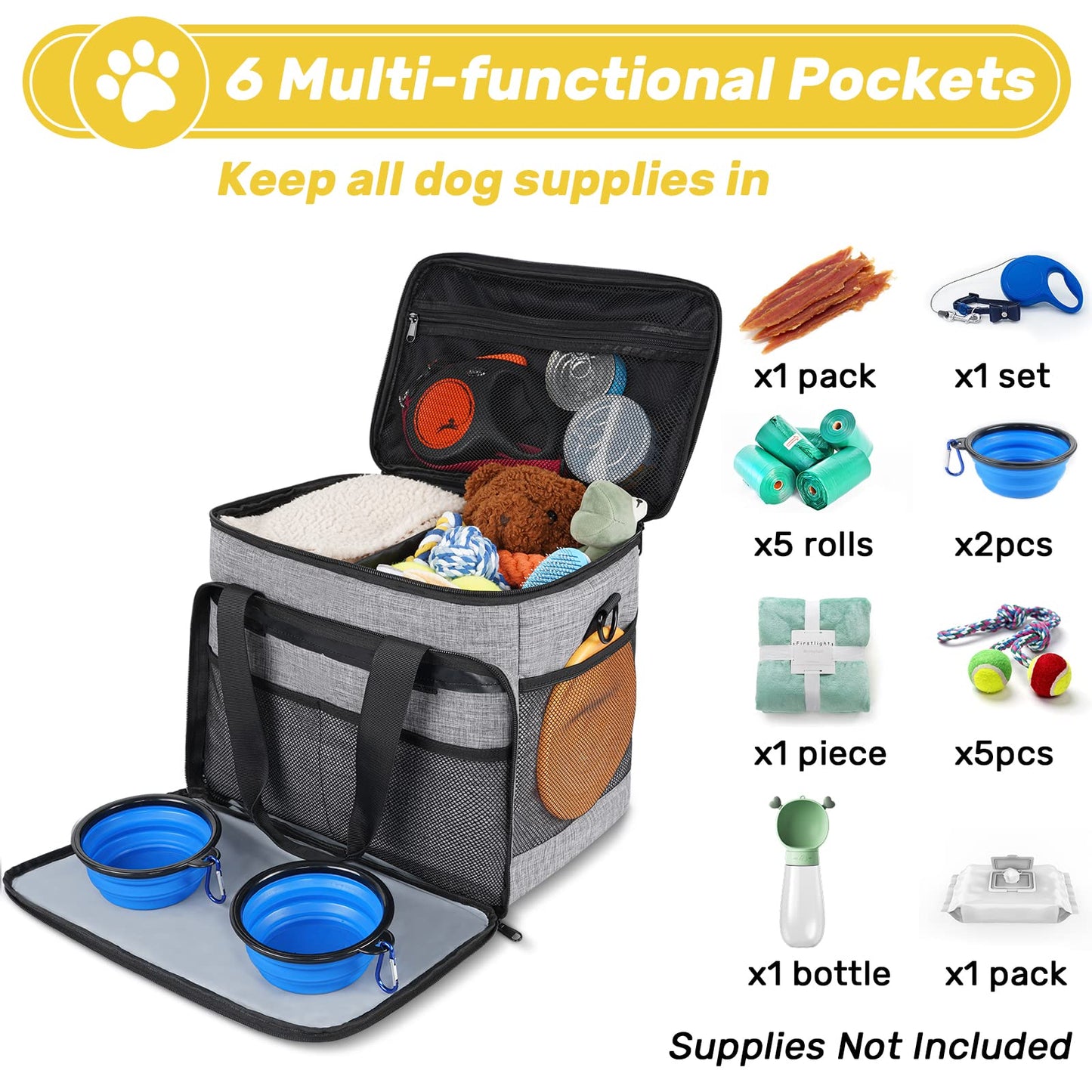 6 Set Dog Travel Bag, Large Pet Travel Kit for Supplies Includes 2 Food Containers, 1 Travel Organizer for Dogs, 2 Collapsible Bowls, 1 Treat Pouch, Dog Weekend Overnight Travel Bag Luggage