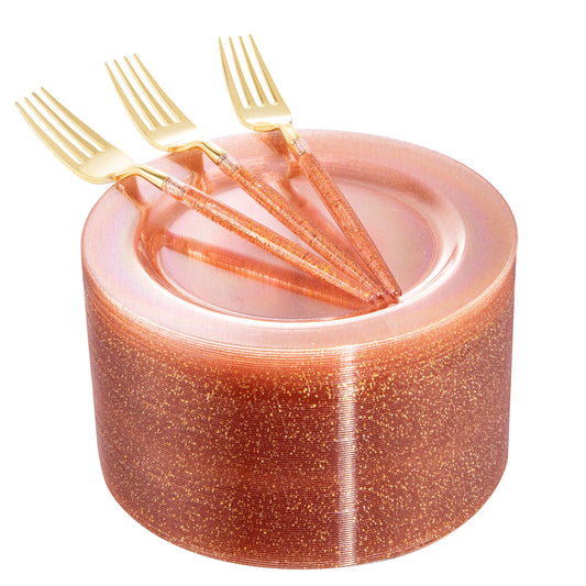 LIYH 96 Pcs Gold Glitter Plastic Dessert Plates 7.5 Inch, Plastic Fancy Cake Plates and Forks, Disposable Salad Plate, Dessert Forks 7.5 Inch for Birthday Bridal Shower 48 Guests