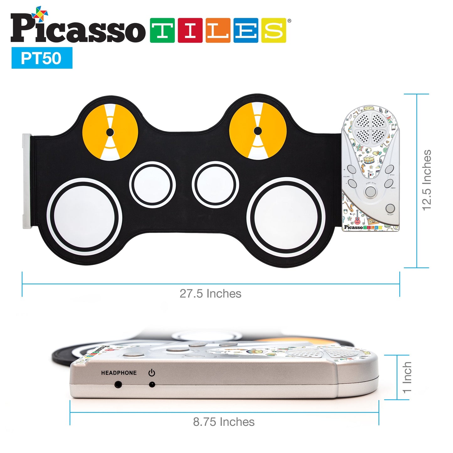 PicassoTiles Portable Roll-Up Electronic Drum Set for Kids 7 Drum Pads with Built-in Speaker Headphone Jack Recording Function Educational Demo Songs Fun Musical Toy for Boys and Girls Ages 3+ PT50