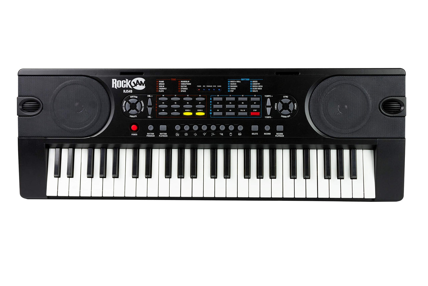 RockJam 49 Key Keyboard Piano with Power Supply, Sheet Music Stand, Piano Note Stickers & Simply Piano Lessons, Black
