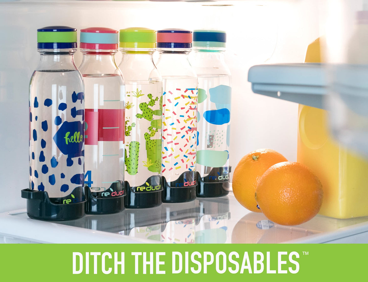 Reduce WaterWeek Reusable Water Bottle Set, 20oz – Plastic Reusable Water Bottle Set of 5, Plus Fridge Tray – BPA-Free, Leak Proof Twist Off Cap – Bliss