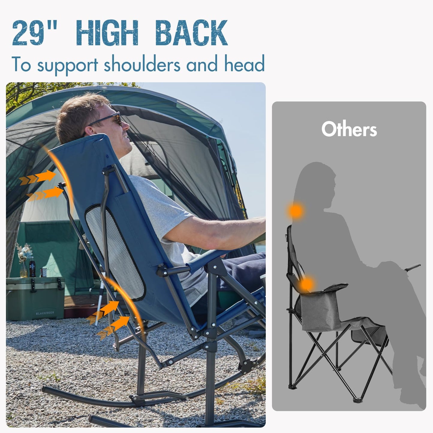 Portal Oversized Folding Rocking Camping Chair Portable Outdoor Rocker with High Back Hard Armrests Carry Bag, Supports 400 lbs, Mesh Back, Blue