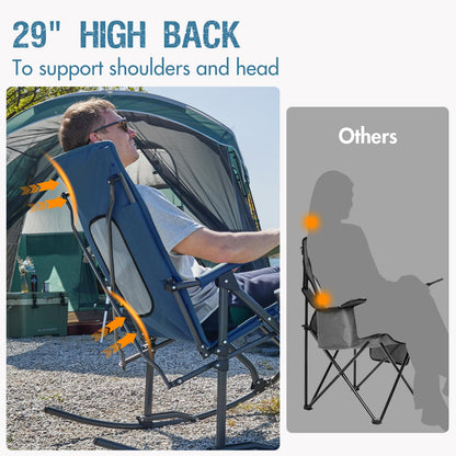 Portal Oversized Folding Rocking Camping Chair Portable Outdoor Rocker with High Back Hard Armrests Carry Bag, Supports 400 lbs, Mesh Back, Blue