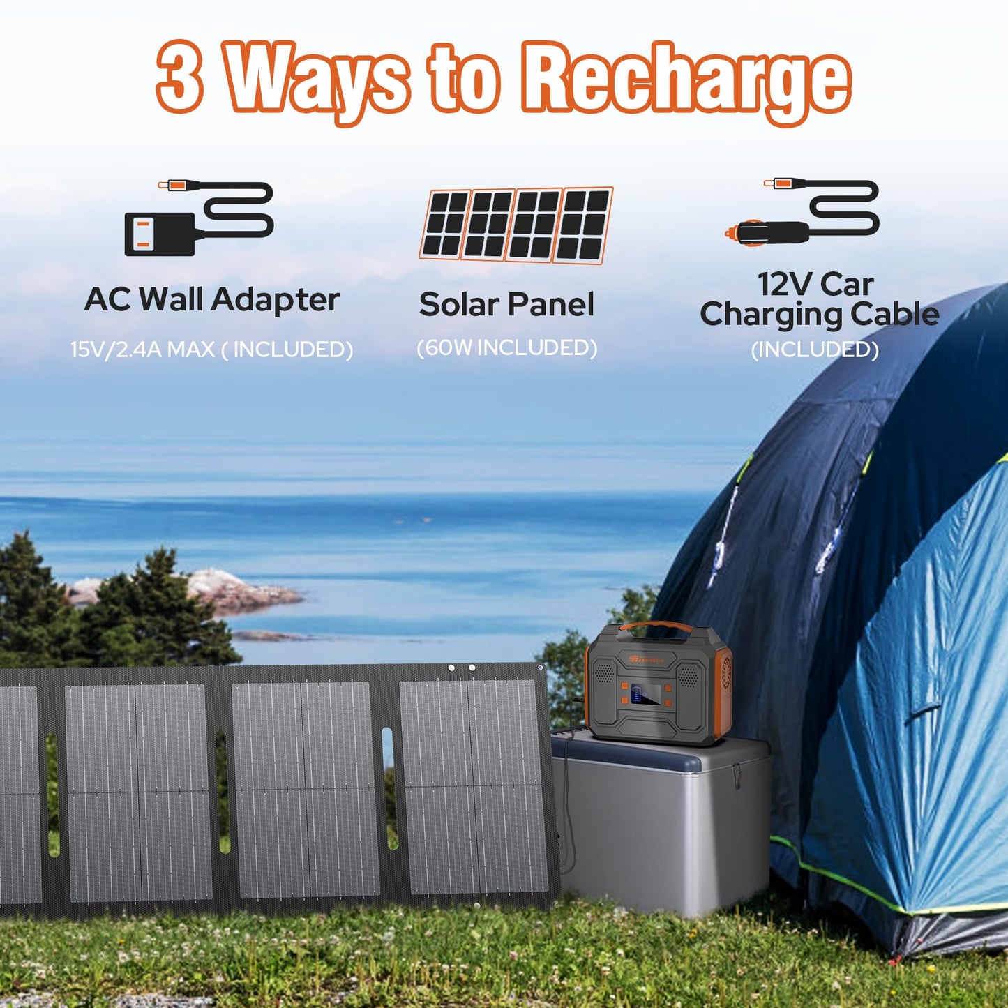 Portable Solar Generator, 300W Portable Power Station with Foldable 60W Solar Panel, 110V Pure Sine Wave 280Wh Lithium Battery Pack with USB DC AC Outlet for Home Use RV Van Outdoor Camping-Orange