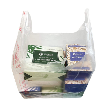 KingSeal HDPE Handled T-Shirt Bags, Opaque White with Warning, 11.5" x 6.5" x 21", 13 Micron Thickness, 1/6 BBL - 1 Case of 650 Disposable, Expandable, Gusseted, Flat Bottom Bags