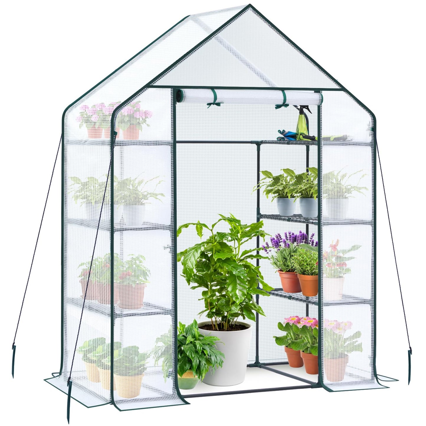 Ohuhu Small Greenhouse for Outdoors: 4 Tiers 6 Shelves Walk-in Indoor Green House Heavy Duty Plant Stands Reinforced Plastic PE Cover Mini Portable Warm House for Outside, 4.8x2.5x6.4 FT White