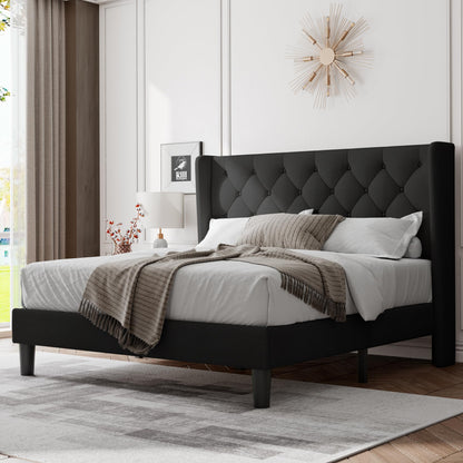 Feonase Queen Bed Frame with Upholstered Wingback Headboard, Platform Bed and Heavy Duty Wooden Slats Support, Easy Assembly, Noise-Free, No Box Spring Needed, Black