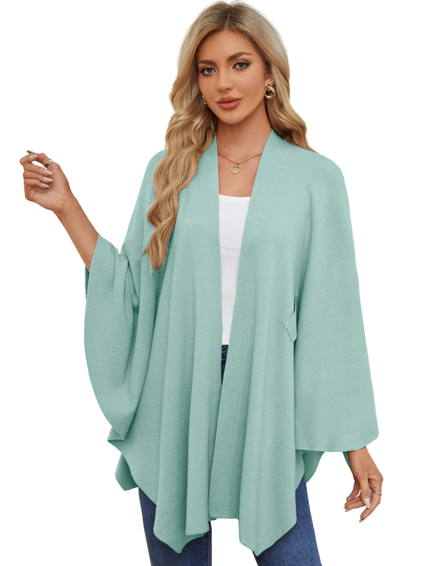 PULI Women's Elegant Shawl Wraps Soft Open Front Poncho Sweater for Spring Fall Winter mint green