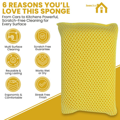 Iconikal 6-Pack Bug Scrubber Sponge 5.9x3.5-Inch Yellow Microfiber Large Car Wash Reusable for Paint Chrome Glass RV Motorcycle Cleaning
