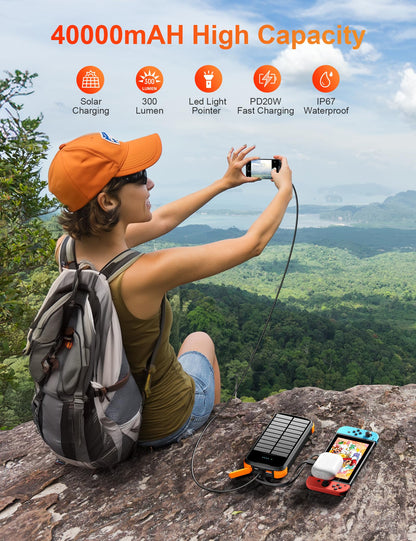 MINRISE Solar Charger Power Bank, 40000mAh Portable Phone Charger Built in 4 Cables with USB C in/Output, PD 20W Fast Charging Portable Charger, External Battery Pack with Dual Bright Flashlights