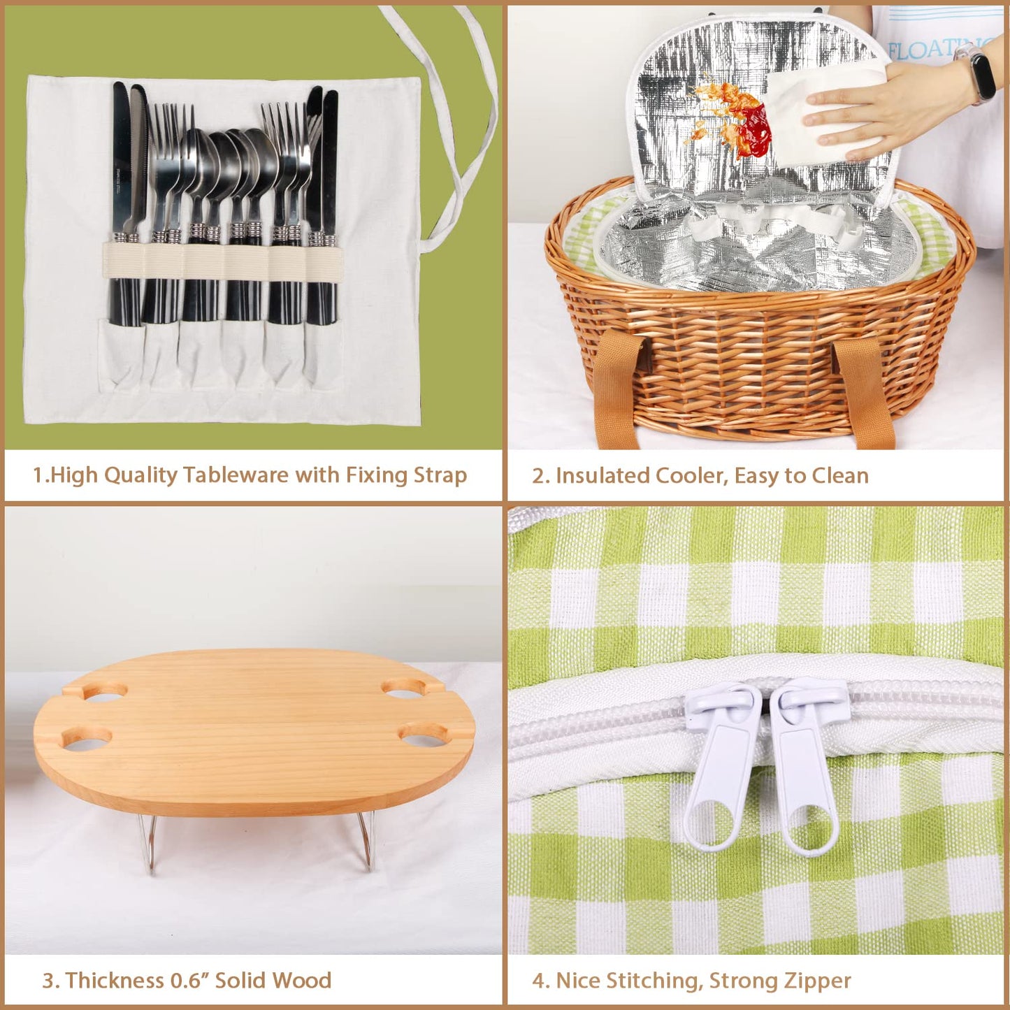 Hap Tim Wicker Picnic Basket Set for 4 with Mini Folding Wine Picnic Table & Large Insulated Cooler Bag & Cutlery Service Kits for 4 Person, Couples Gifts, Wedding Gifts (Y2209-4-GR)