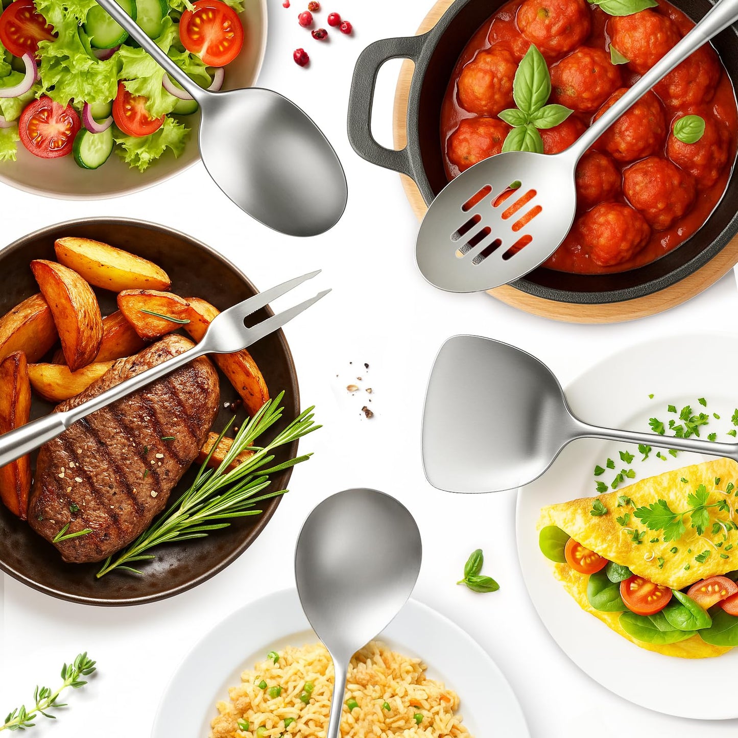 Newness 10 Pcs Cooking Utensils Set, 304 Stainless Steel Kitchen Utensils Set, Metal Kitchen Accessories, Include Soup Ladle, Slotted Skimmer Spoon, Spaghetti Spoon and Spatula, Tongs,Dishwasher Safe