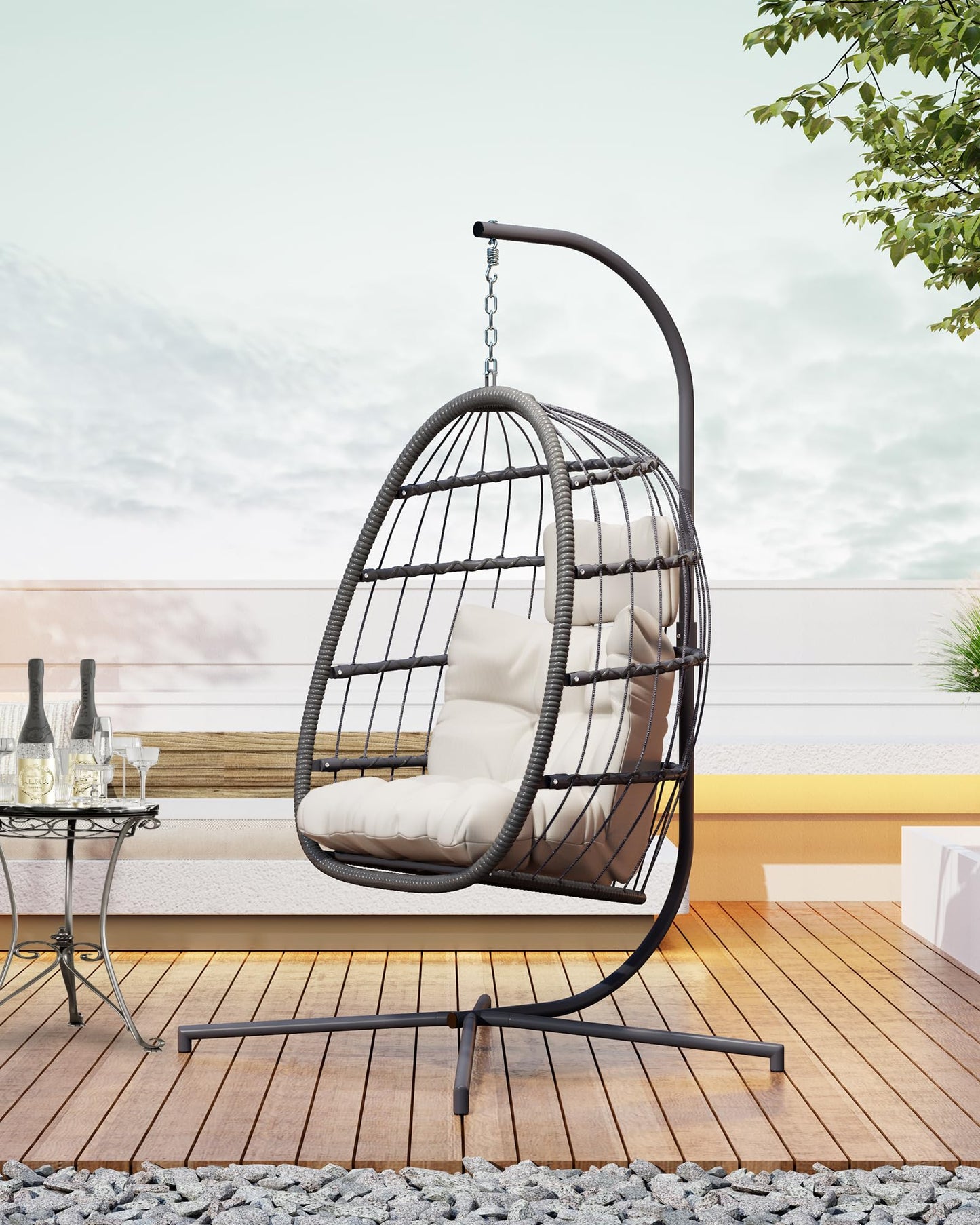 HWB Hanging Egg Chair with Stand, Patio Wicker Hammock Egg Swing Chair with Cushion for Bedroom Garden Indoor Outdoor (Beige)