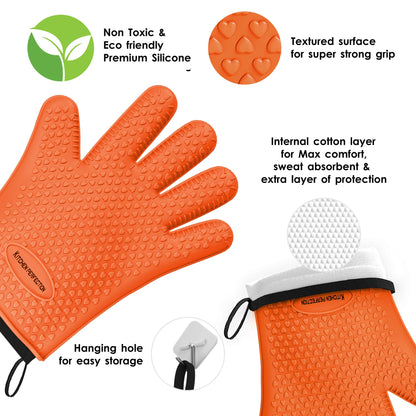 KITCHEN PERFECTION Silicone Smoker Oven Gloves -Extreme Heat Resistant BBQ Gloves -Handle Hot Food Right on Your Smoker Grill Fryer & Pit | Waterproof Oven Mitts |Superior Value Set+3 Bonuses